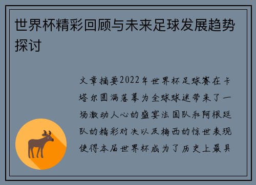 世界杯精彩回顾与未来足球发展趋势探讨