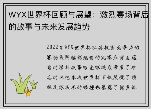 WYX世界杯回顾与展望：激烈赛场背后的故事与未来发展趋势