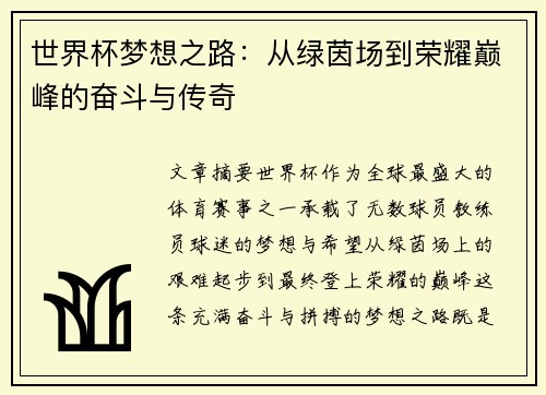 世界杯梦想之路：从绿茵场到荣耀巅峰的奋斗与传奇