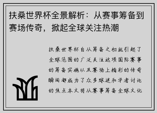 扶桑世界杯全景解析：从赛事筹备到赛场传奇，掀起全球关注热潮