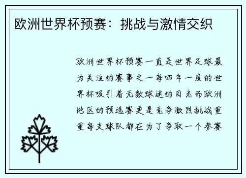 欧洲世界杯预赛：挑战与激情交织
